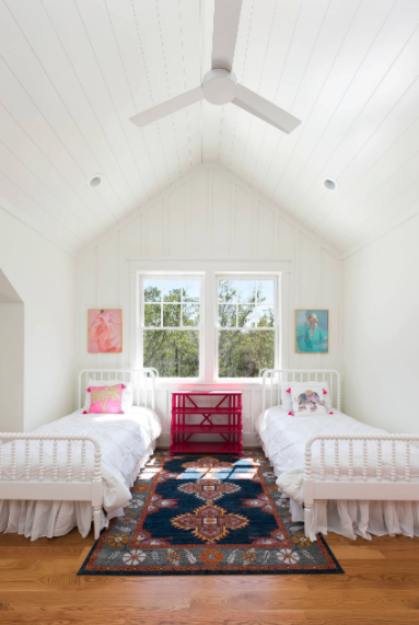 White shiplap ceiling, white shiplap walls, girls bedroom, white twin beds, modern farmhouse, custom builder, Daniel Island, pink bookshelf, custom home