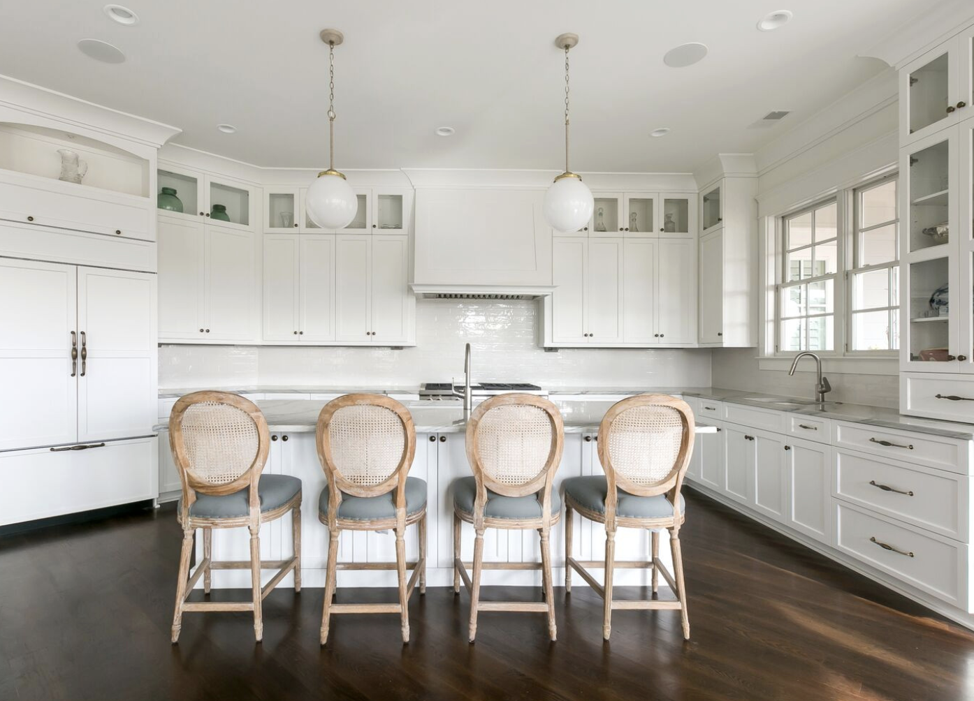Large kitchen, white kitchen, while globe pendants, farmhouse kitchen, custom builder, custom home building
