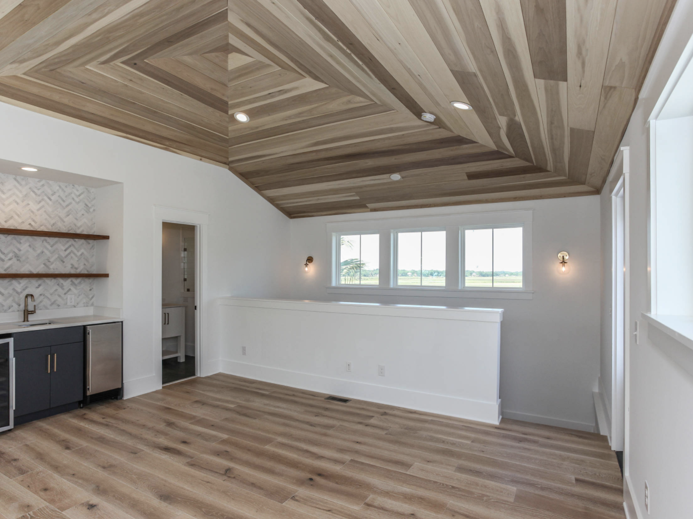 Media room, wood accent ceiling, geometric wood ceiling, wet bar, mini bar, custom home, custom builder, Charleston, custom modern home
